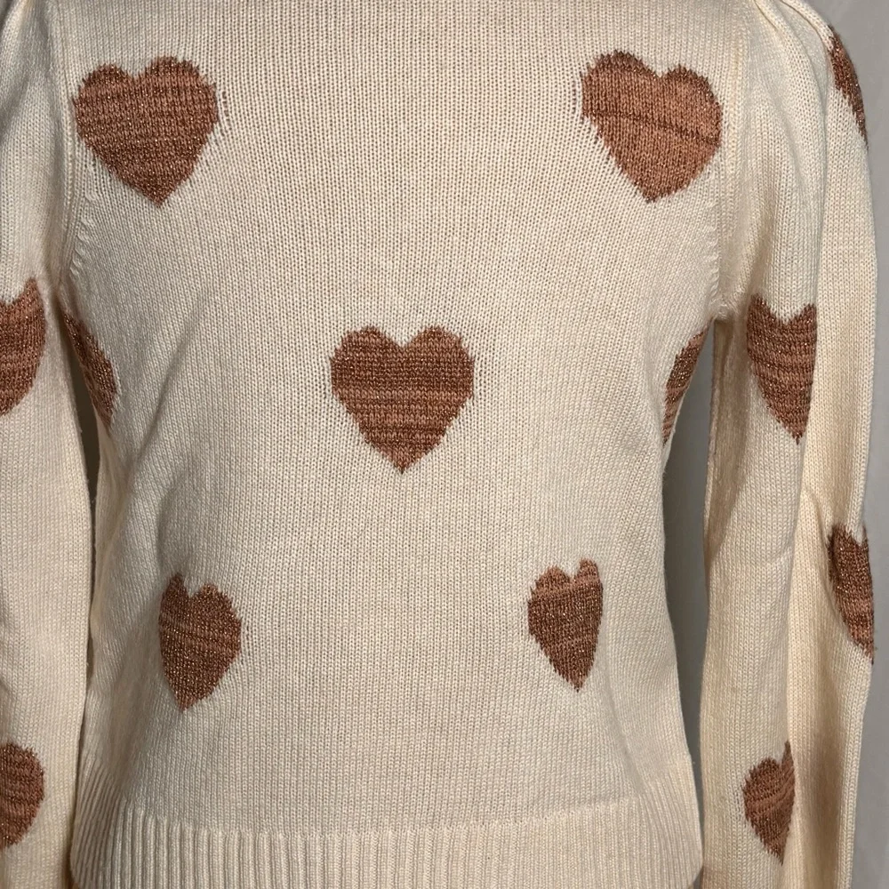Splendid Cream Heart Sweater Bronze Lurex Hearts Soft Knit Crew Neck Size XS